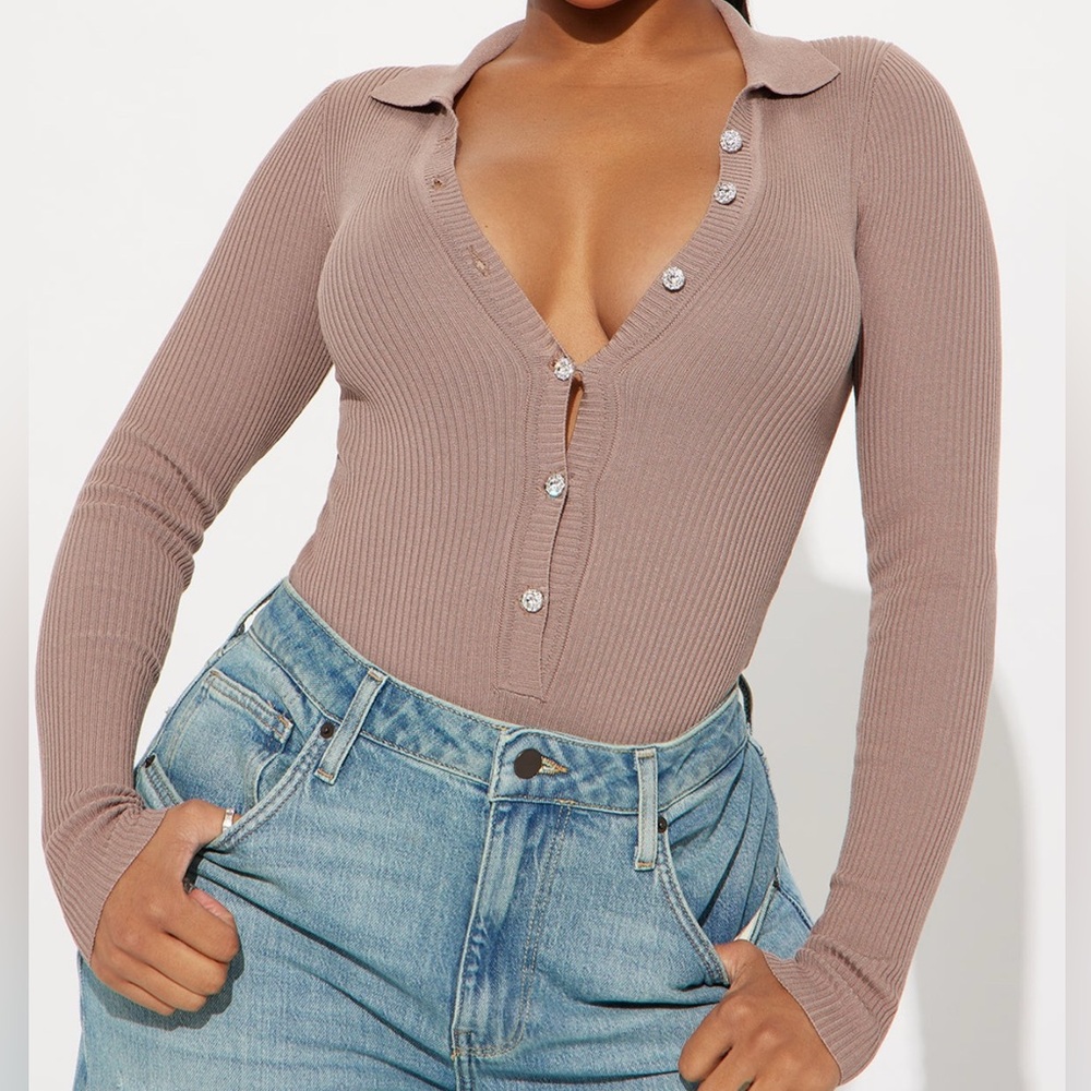 Taupe Long Sleeve Button-Up Bodysuit w/ Blingy Buttons